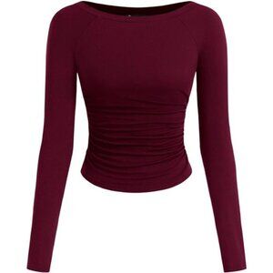 Womens Ribbed Knit Long Sleeve Crop Top Ruched Fitted Fall Casual Shirt